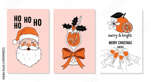 Three festive Christmas cards featuring a cheerful Santa Claus, a holiday cocktail, and a "Merry & Bright" message with clinking glasses.