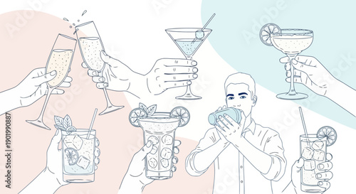 A collection of hands holding various cocktails and a person shaking a cocktail shaker.