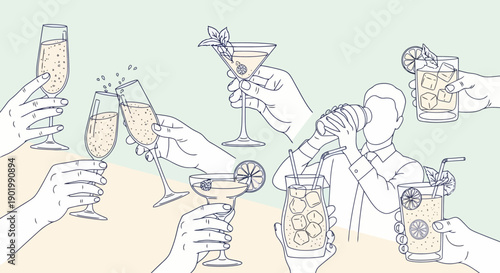 A collection of hands holding various cocktails and champagne glasses, celebrating a special occasion.