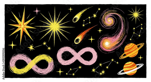 A vibrant collection of celestial objects including stars, comets, galaxies, planets, and infinity symbols against a black background.