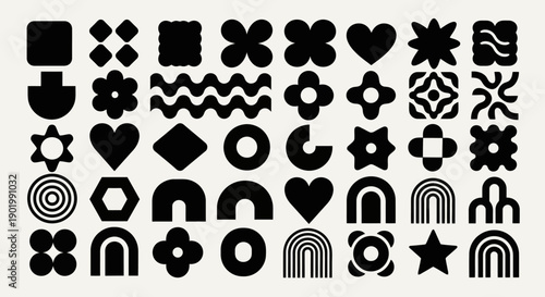 A collection of abstract geometric shapes and symbols in black on a cream background.