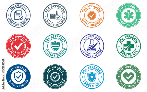FDA Approved Quality Assurance Badges Set – Vector Icons for Medical, Food, and Safety Certification Labels