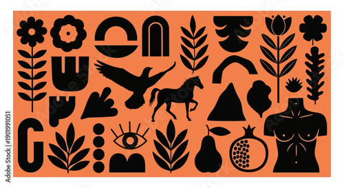 A vibrant orange background adorned with a collection of black abstract and symbolic graphic elements.