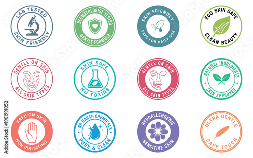 Set of Eco Friendly Cosmetic Badges and Labels for Natural, Organic, Vegan, Cruelty Free, and Safe Beauty Products