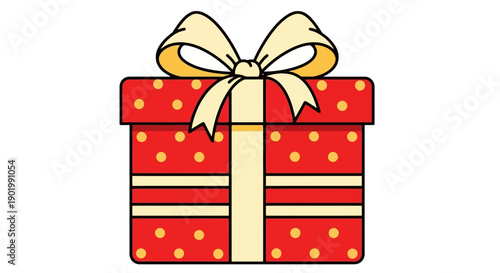 A festive red gift box adorned with yellow polka dots and a large cream ribbon bow.