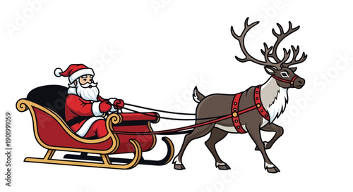 Santa Claus riding in his sleigh pulled by a reindeer during Christmas.