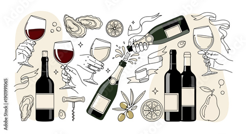 A delightful illustration of wine bottles, glasses, champagne, oysters, olives, and fruit, perfect for a celebratory occasion.
