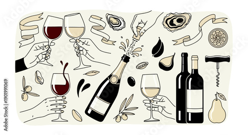 A collection of hand-drawn illustrations related to wine and oysters, featuring wine glasses, bottles, champagne, figs, olives, and pears.