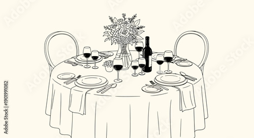 A beautifully set dining table for two, complete with wine glasses, a bottle of wine, and a floral centerpiece.