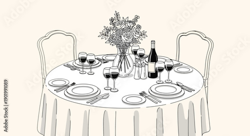A beautifully set round dining table for a formal occasion, complete with place settings, wine glasses, and a floral centerpiece.