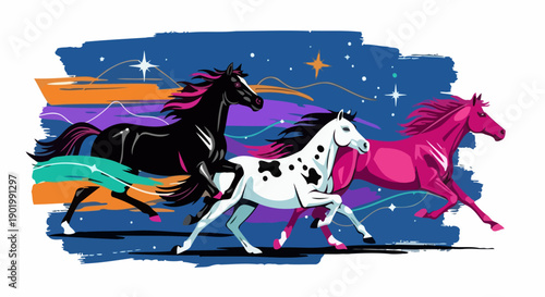 Three majestic horses, a black, a spotted white, and a vibrant pink, gallop across a stylized, starry night sky with colorful abstract streaks.