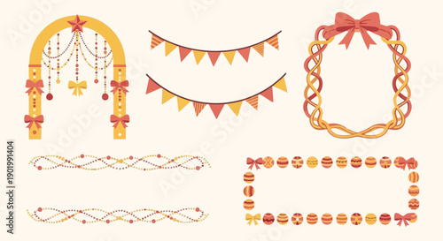A collection of festive decorative elements including an archway, bunting, frames, and borders, all in warm, celebratory colors.