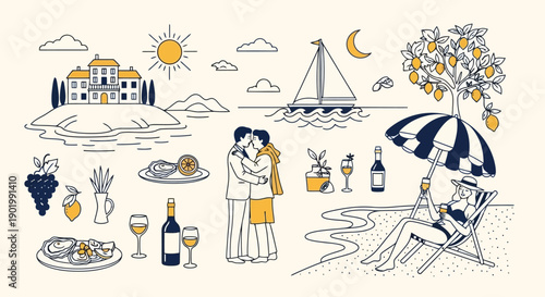 A charming illustration depicting a romantic Mediterranean vacation with couples, scenic landscapes, delicious food, and refreshing drinks.