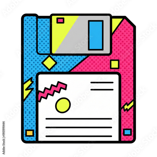 Floppy disc design in pop art style. Isolated on white background.