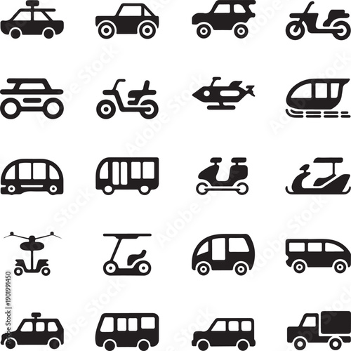 black silhouettes of various vehicles on white background