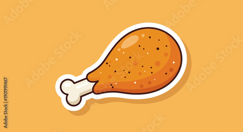 A stylized illustration of a single, crispy fried chicken drumstick with a bone, set against a plain orange background.