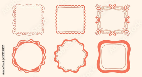 Collection of six decorative square and circular frames with scalloped and ribbon designs on a light background.