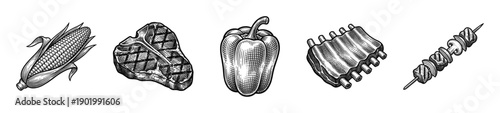 Engraved collection of grilled food items featuring corn, steak, bell pepper, ribs, and skewer in vintage woodcut style.