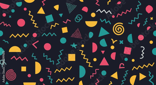 A vibrant and playful abstract background pattern featuring a chaotic yet harmonious arrangement of geometric shapes and colorful elements on a dark backdrop.