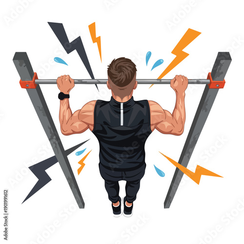 Muscular man performing pullups with intense focus and determination.