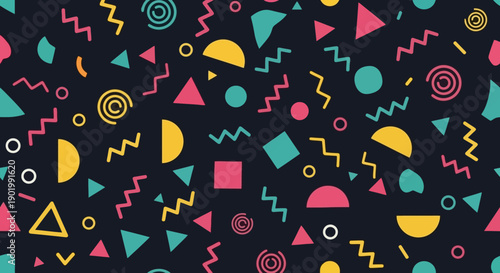 A vibrant and playful abstract pattern featuring a chaotic yet harmonious arrangement of geometric shapes and squiggles on a dark background.