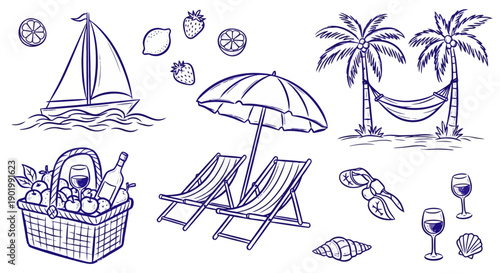 A charming hand-drawn sketch depicting a delightful summer vacation scene with various elements like a sailboat, beach chairs, a picnic basket, palm trees with a hammock, and tropical fruits.