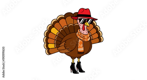 A stylish cartoon turkey wearing a red fedora, sunglasses, a scarf, and high-heeled boots, standing against a white background.