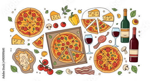 A vibrant, top-down illustration showcasing a delightful spread of pizzas, cheese, wine, and various ingredients, perfect for a culinary theme.