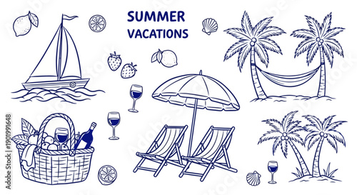 A charming hand-drawn illustration depicts various elements associated with summer vacations, including a sailboat, beach chairs, palm trees, and picnic items.