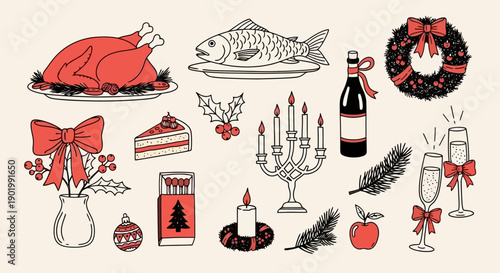 A festive collection of Christmas and holiday-themed illustrations, featuring a roast turkey, a whole fish, a slice of cake, wine, champagne, candles, a wreath, and decorative elements.