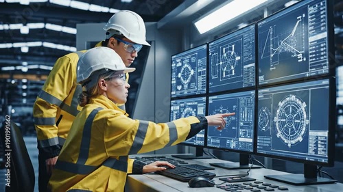 Expert industrial team reviews digital schematics on four monitors, perfect for themes of manufacturing, quality control, and future technology.