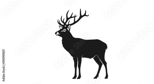 A majestic black stag with impressive antlers stands proudly against a clean white background, showcasing its powerful silhouette.