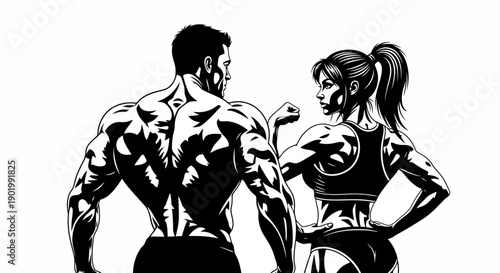 A muscular man and woman flexing their biceps, showcasing their strength and physique in a black and white illustration.