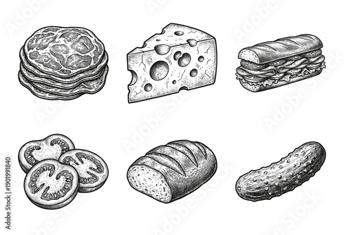 Vintage engraving collection of deli sandwich ingredients featuring cheese bread tomatoes and pickles in a woodcut style.