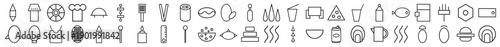 Culinary and kitchen line icon set. Vector pictograms of chef hat, spatula, tongs, rolling pin, pizza, fish, burger, and bowl, thin outline illustration.