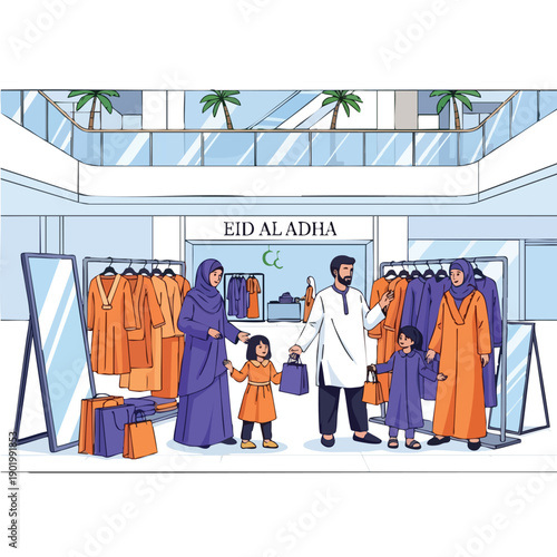 Muslim family shopping for new clothes for Eid al Adha celebration.