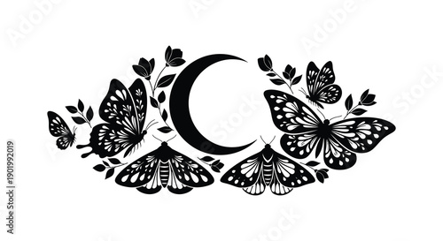 An elegant initial c design featuring butterflies and a crescent moon ideal for branding on transparent background silhouette high quality professional