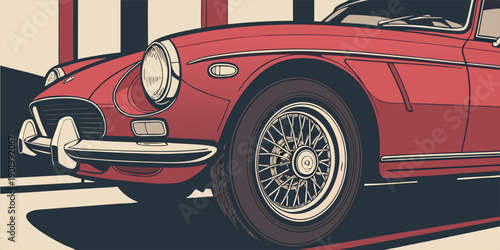 Stylized retro vector illustration of a classic red vintage sports car with a mid century design