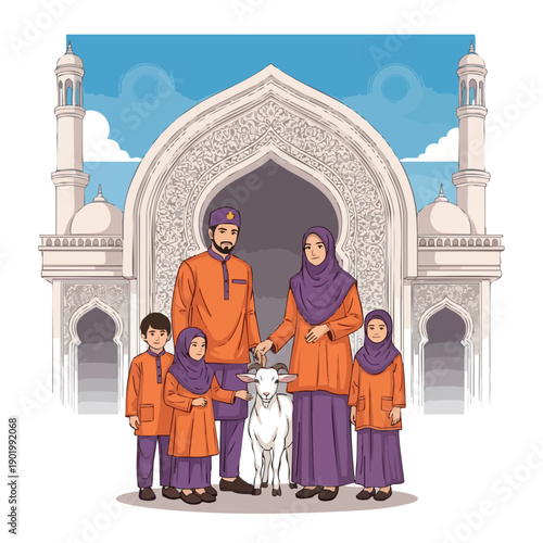 Muslim family with children and a goat celebrating Eid alAdha.