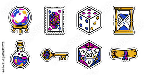 Vibrant Flat Line Art Mystical Magic Assets and Tabletop RPG Gaming Icon Collection for Creative Scrapbooking