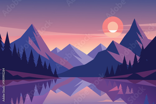 A beautiful flat design illustration portrays majestic mountains reflecting in a serene lake at sunset