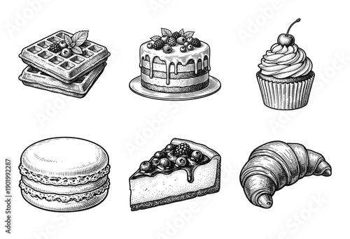 Vintage hand drawn engraving style dessert and bakery collection featuring waffles, cake, cupcake, macaron, cheesecake slice, and croissant.