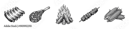 Vintage woodcut style collection of barbecue elements including pork ribs, tomahawk steak, campfire, meat skewer, and corn on the cob.