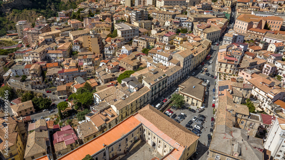 Fototapeta premium Aerial view of Piazza Roma, located in the historic center of Catanzaro, in Calabria, southern Italy. It is one of the city's main squares.
