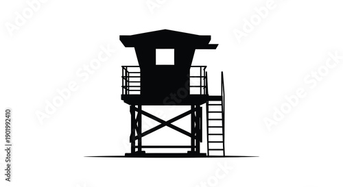 A minimalist black silhouette of a lifeguard tower with a square window ideal for design projects on transparent background high quality