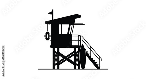 A striking black silhouette of a lifeguard tower complete with stairs and a flag on transparent background high quality professional detailed