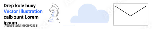 Business strategy, cloud storage, email communication, data transfer, online services, digital connections. Knight chess piece, cloud and envelope symbols. Strategy and cloud storage concept