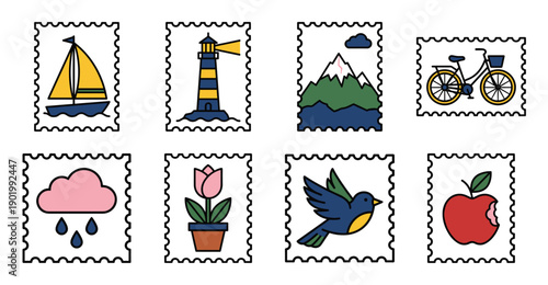 Minimalist Nautical and Nature Icon Postage Stamp Collection for Outdoor Adventure Stationery and Scrapbooking