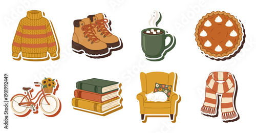 Cozy Autumn Lifestyle Sticker Set, Vector Fall Illustration