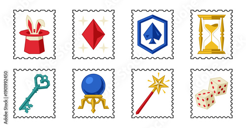 Flat Vector Magic Show and Illusionist Equipment Postage Stamp Collection for Fantasy Scrapbooking and Branding